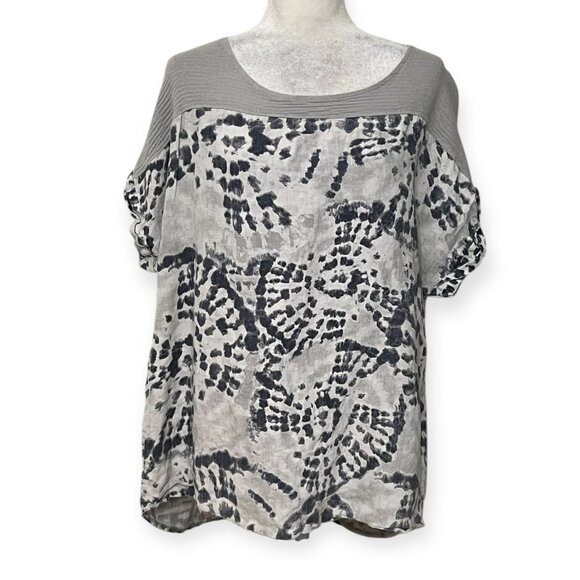 Lungo L’Arno 100% Linen Top Blouse 1X Made in Italy Gray Abstract Print - Picture 1 of 8